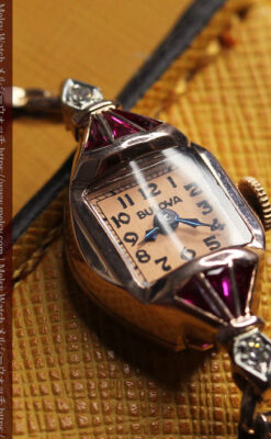 ルビー&ダイヤ 華のあるブローバの女性用アンティーク金無垢腕時計 【1941年製】箱付き-W1643-7