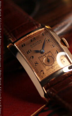 ローズ色の美しいカーベックス 曲線を描くグリュエンのアンティーク腕時計 【1940年頃】-W1644-10