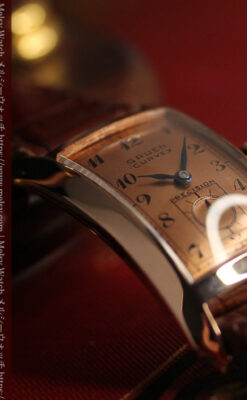 ローズ色の美しいカーベックス 曲線を描くグリュエンのアンティーク腕時計 【1940年頃】-W1644-11