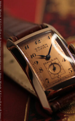 ローズ色の美しいカーベックス 曲線を描くグリュエンのアンティーク腕時計 【1940年頃】-W1644-12