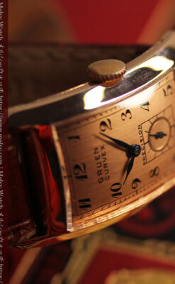 ローズ色の美しいカーベックス 曲線を描くグリュエンのアンティーク腕時計 【1940年頃】-W1644-15