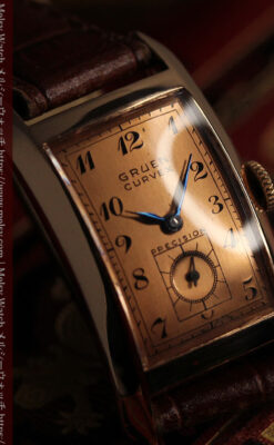 ローズ色の美しいカーベックス 曲線を描くグリュエンのアンティーク腕時計 【1940年頃】-W1644-16