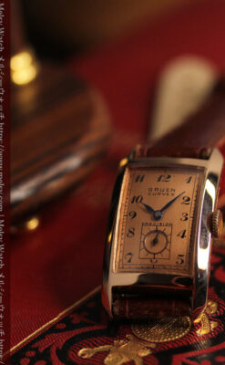 ローズ色の美しいカーベックス 曲線を描くグリュエンのアンティーク腕時計 【1940年頃】-W1644-17