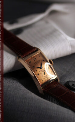 ローズ色の美しいカーベックス 曲線を描くグリュエンのアンティーク腕時計 【1940年頃】-W1644-21