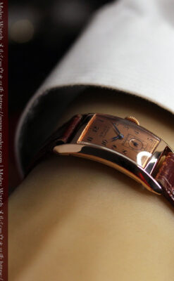 ローズ色の美しいカーベックス 曲線を描くグリュエンのアンティーク腕時計 【1940年頃】-W1644-25