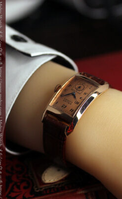 ローズ色の美しいカーベックス 曲線を描くグリュエンのアンティーク腕時計 【1940年頃】-W1644-27