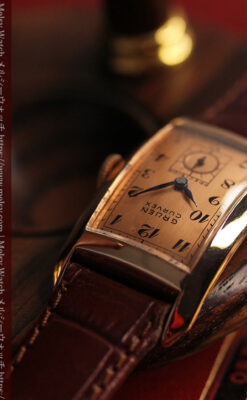 ローズ色の美しいカーベックス 曲線を描くグリュエンのアンティーク腕時計 【1940年頃】-W1644-8