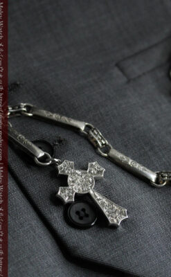 美しい銀の十字と品を感じる銀無垢アンティーク懐中時計チェーン-C0515-11