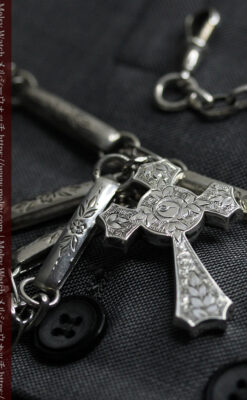 美しい銀の十字と品を感じる銀無垢アンティーク懐中時計チェーン-C0515-13