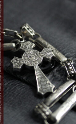 美しい銀の十字と品を感じる銀無垢アンティーク懐中時計チェーン-C0515-14