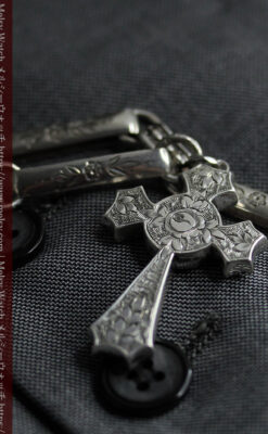 美しい銀の十字と品を感じる銀無垢アンティーク懐中時計チェーン-C0515-15