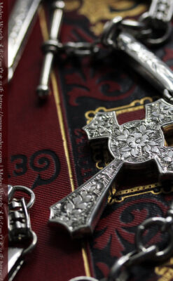 美しい銀の十字と品を感じる銀無垢アンティーク懐中時計チェーン-C0515-3