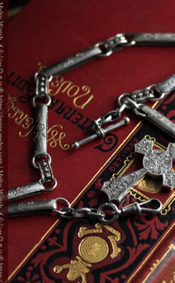 美しい銀の十字と品を感じる銀無垢アンティーク懐中時計チェーン-C0515-4