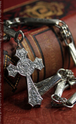 美しい銀の十字と品を感じる銀無垢アンティーク懐中時計チェーン-C0515-5