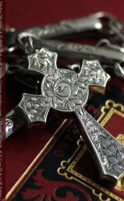 美しい銀の十字と品を感じる銀無垢アンティーク懐中時計チェーン-C0515-6