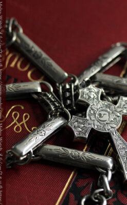 美しい銀の十字と品を感じる銀無垢アンティーク懐中時計チェーン-C0515-7