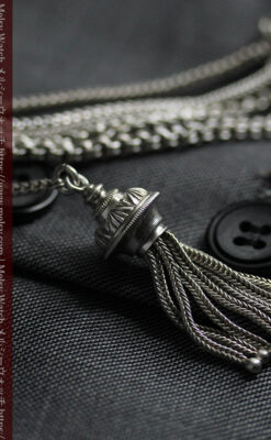 ハート型の装飾と広がる5本線が魅力の銀無垢アンティーク懐中時計チェーン-C0517-10