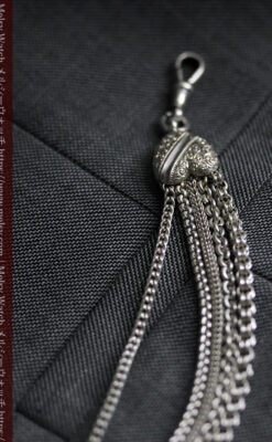 ハート型の装飾と広がる5本線が魅力の銀無垢アンティーク懐中時計チェーン-C0517-11