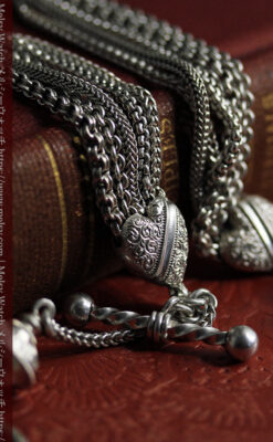 ハート型の装飾と広がる5本線が魅力の銀無垢アンティーク懐中時計チェーン-C0517-12