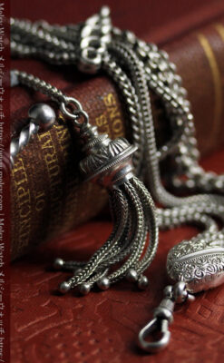 ハート型の装飾と広がる5本線が魅力の銀無垢アンティーク懐中時計チェーン-C0517-13