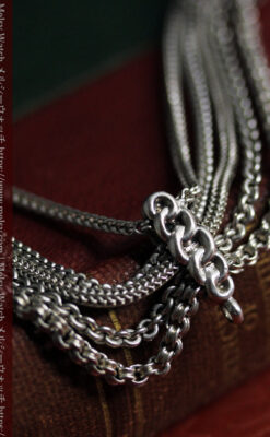 ハート型の装飾と広がる5本線が魅力の銀無垢アンティーク懐中時計チェーン-C0517-15