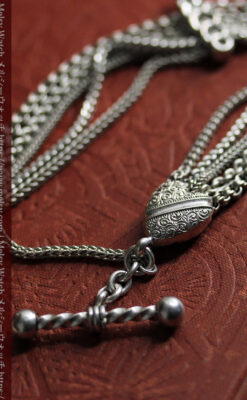 ハート型の装飾と広がる5本線が魅力の銀無垢アンティーク懐中時計チェーン-C0517-16