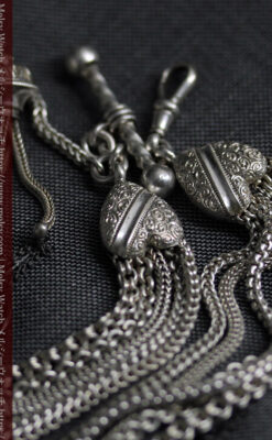 ハート型の装飾と広がる5本線が魅力の銀無垢アンティーク懐中時計チェーン-C0517-4