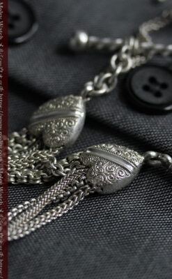 ハート型の装飾と広がる5本線が魅力の銀無垢アンティーク懐中時計チェーン-C0517-5