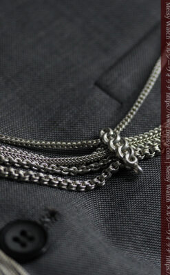 ハート型の装飾と広がる5本線が魅力の銀無垢アンティーク懐中時計チェーン-C0517-7