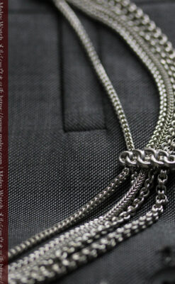 ハート型の装飾と広がる5本線が魅力の銀無垢アンティーク懐中時計チェーン-C0517-9