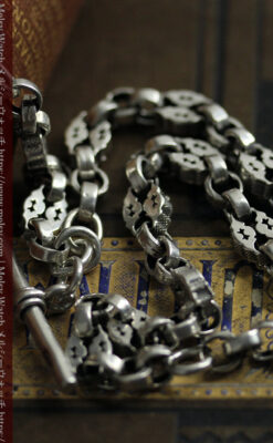 銀の英国製硬貨入れ付き銀無垢アンティーク懐中時計チェーン-C0581-12