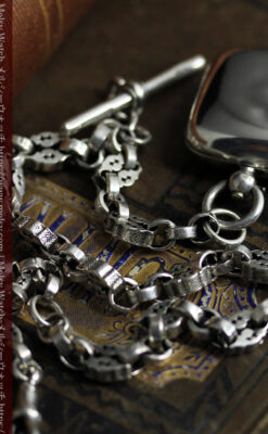 銀の英国製硬貨入れ付き銀無垢アンティーク懐中時計チェーン-C0581-13