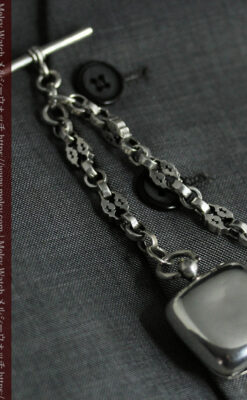 銀の英国製硬貨入れ付き銀無垢アンティーク懐中時計チェーン-C0581-17