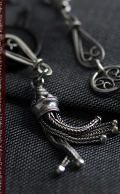 繊細で特殊な装飾 細身の銀無垢アンティーク懐中時計チェーン-C0519-10