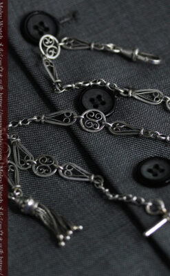 繊細で特殊な装飾 細身の銀無垢アンティーク懐中時計チェーン-C0519-12