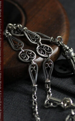 繊細で特殊な装飾 細身の銀無垢アンティーク懐中時計チェーン-C0519-13