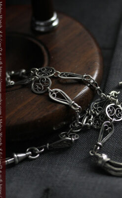 繊細で特殊な装飾 細身の銀無垢アンティーク懐中時計チェーン-C0519-14