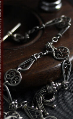 繊細で特殊な装飾 細身の銀無垢アンティーク懐中時計チェーン-C0519-15