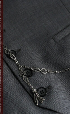 繊細で特殊な装飾 細身の銀無垢アンティーク懐中時計チェーン-C0519-3