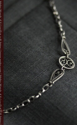 繊細で特殊な装飾 細身の銀無垢アンティーク懐中時計チェーン-C0519-7