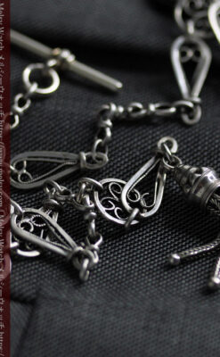 繊細で特殊な装飾 細身の銀無垢アンティーク懐中時計チェーン-C0519-8