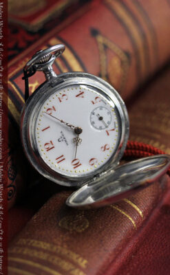 紅色の数字に金細工 オメガの銀無垢アンティーク懐中時計 【1910年製】-P2387-11