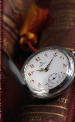 紅色の数字に金細工 オメガの銀無垢アンティーク懐中時計 【1910年製】-P2387-12