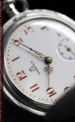 紅色の数字に金細工 オメガの銀無垢アンティーク懐中時計 【1910年製】-P2387-19