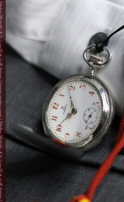 紅色の数字に金細工 オメガの銀無垢アンティーク懐中時計 【1910年製】-P2387-21