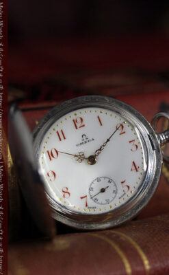 紅色の数字に金細工 オメガの銀無垢アンティーク懐中時計 【1910年製】-P2387-5