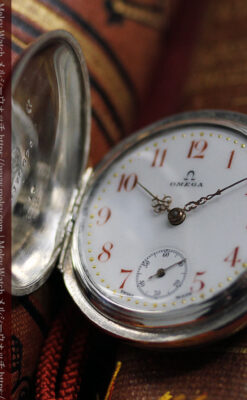 紅色の数字に金細工 オメガの銀無垢アンティーク懐中時計 【1910年製】-P2387-6