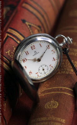 紅色の数字に金細工 オメガの銀無垢アンティーク懐中時計 【1910年製】-P2387-7