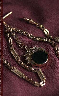 回転する石飾り付き 英国アンティーク金無垢懐中時計チェーン-C0520-10