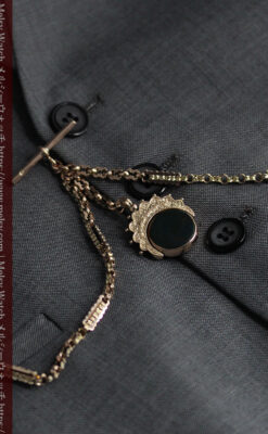 回転する石飾り付き 英国アンティーク金無垢懐中時計チェーン-C0520-14